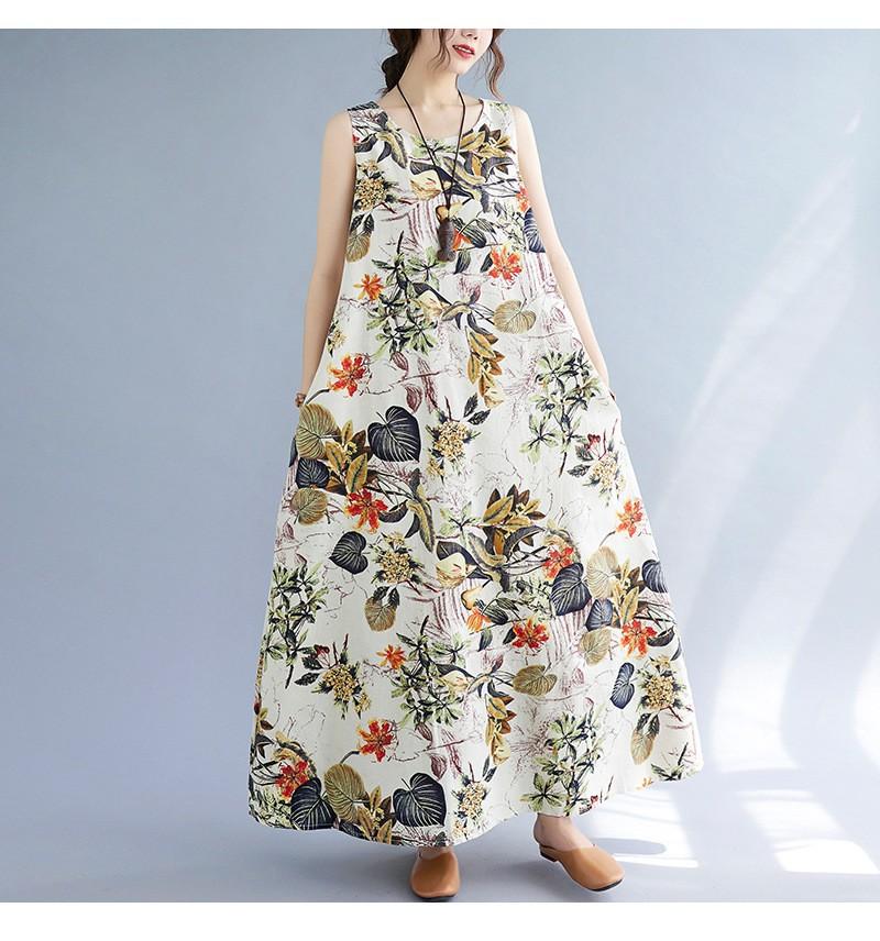 Summer Retro Plus Loose Printed Cotton Linen Round Neck Sleeveless Dress for Women's Mid To Long Length