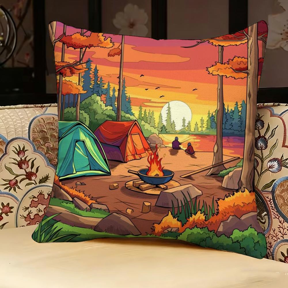 Happy Camper Cartoon Huis Kussensloop kussensloop, dubbelzijdig bedrukt, bankkussen, slaapkamer hoofdeinde kussen 45x45cm