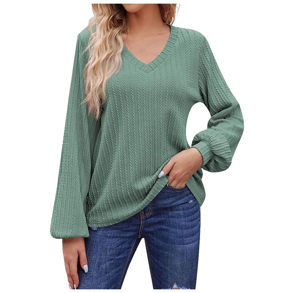 Women's Casual Loose Fitting Solid V-neck Long Sleeved V-neck T-shirt Women's Top