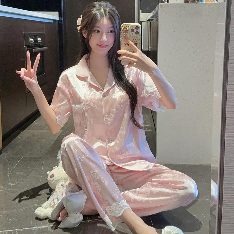 National Style Light Luxury Ice Silk Pajamas Women'S Summer Pink Flower Lace Short-Sleeved Trousers Loungewear