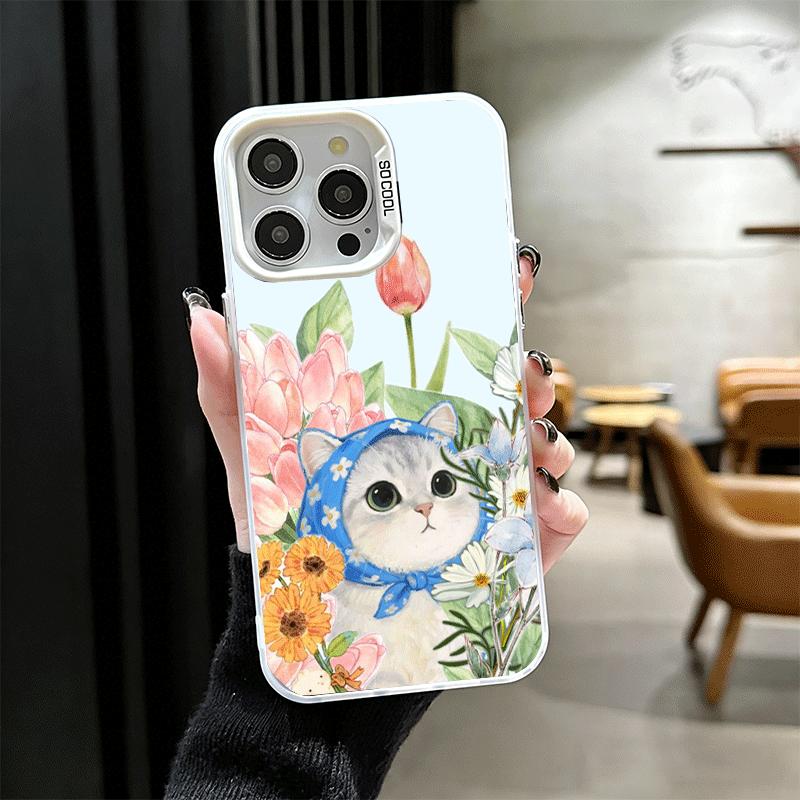 Cute Floral Headscarf Kitten Shockproof Phone Case for iPhone 17 Air 16 16E 15 Pro Max 14 Plus 13 Mini 12 Back Cover Anti Fall F