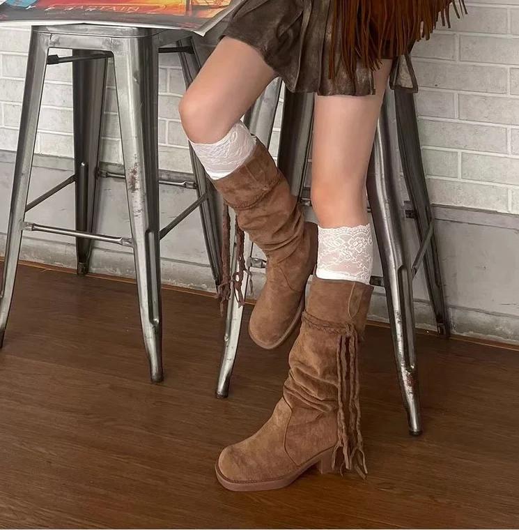 

Женские высокие сапоги, модные ретро-сапоги с круглым носком, толстым каблуком, плетеными кисточками, со шнуровкой, ковбойские сапоги в стиле вестерн, женские ботинки 2024 года 40 коричневый