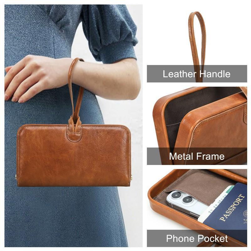 Vollnarbiges Lammleder Baumwolle Damen Tasche mit Handgelenkschlaufe Metallscharnier Modische Echte Leder Handtasche Geldbörse