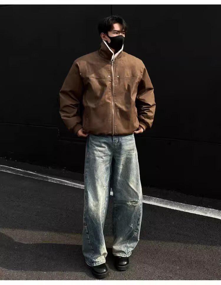 Men's Retro Tie-Dye Lamb Wool One-Piece Coat with Velvet Thickened, Turn-Down Collar, and Leather Accents