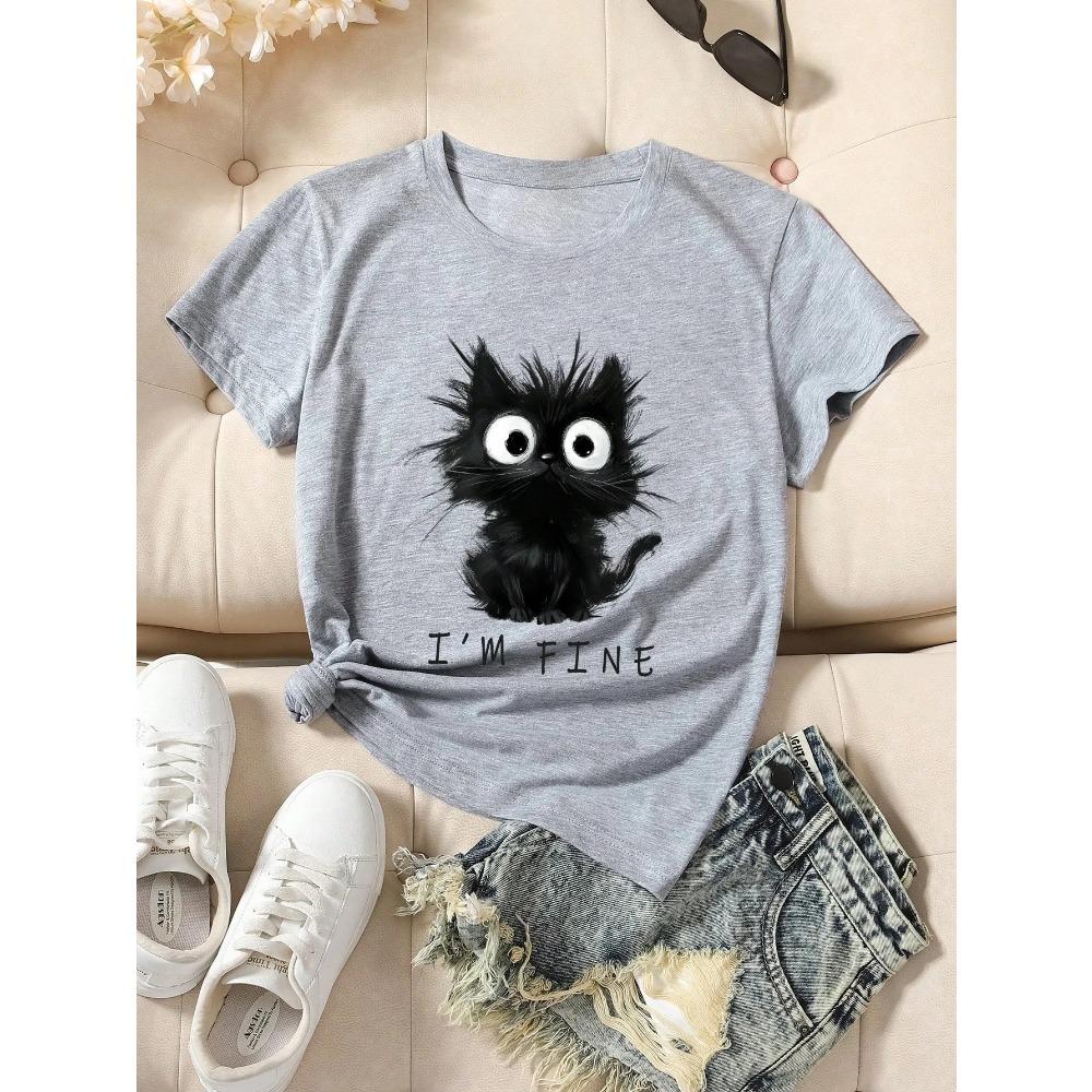 Women's Cute Cat Pattern Short Sleeve T-Shirt Round Neck Tshirt Tops Cool Printed Female Harajuku Casual