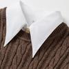 Damen Retro Zopfmuster Faux Zweiteiler Polo Pullover