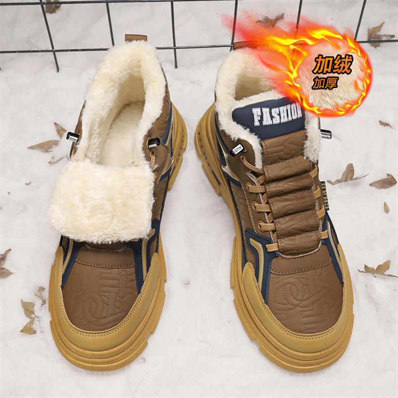 Medium leather velvet Martin boots outer wear foot cover warm snow boots men's platform cotton shoes S783-1