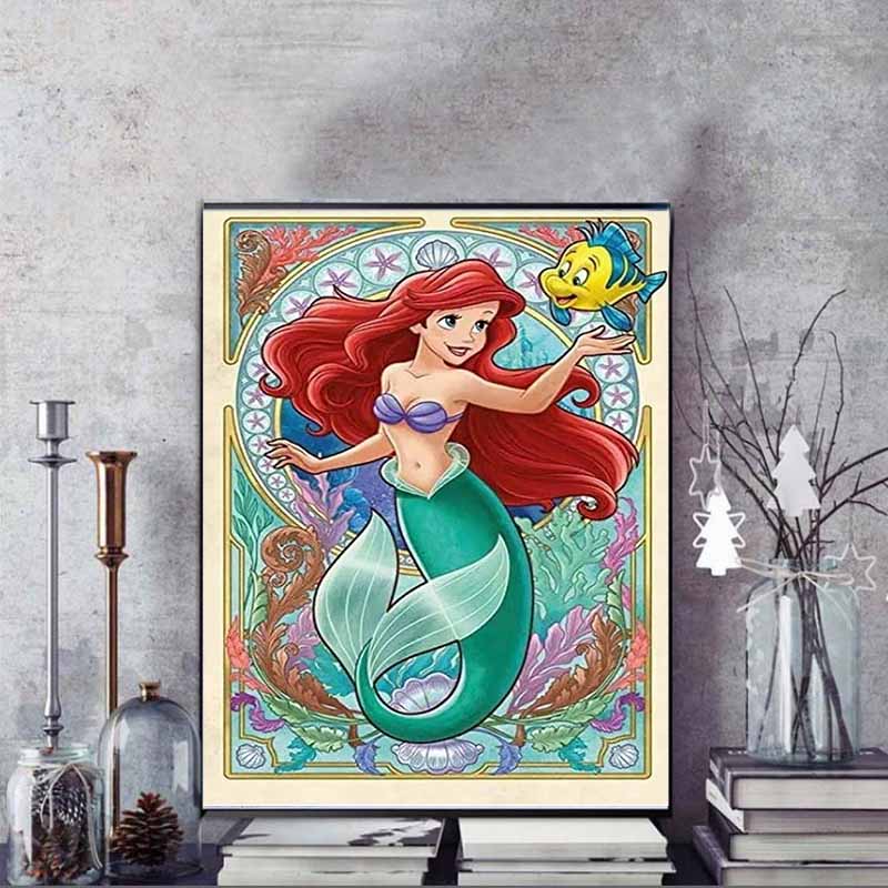 Disney Diamond Painting The Little Mermaid Ariel  Art Nouveau Style Illustration Wall Decoration Full Diamond Cross Stitch DIY Gift Home Decor