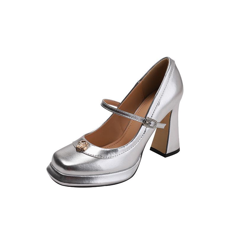 

Summer fairy style high heels thick heel waterproof table bag head Mary Jane 2025 autumn new women s shoes with skirts 34 серебряный