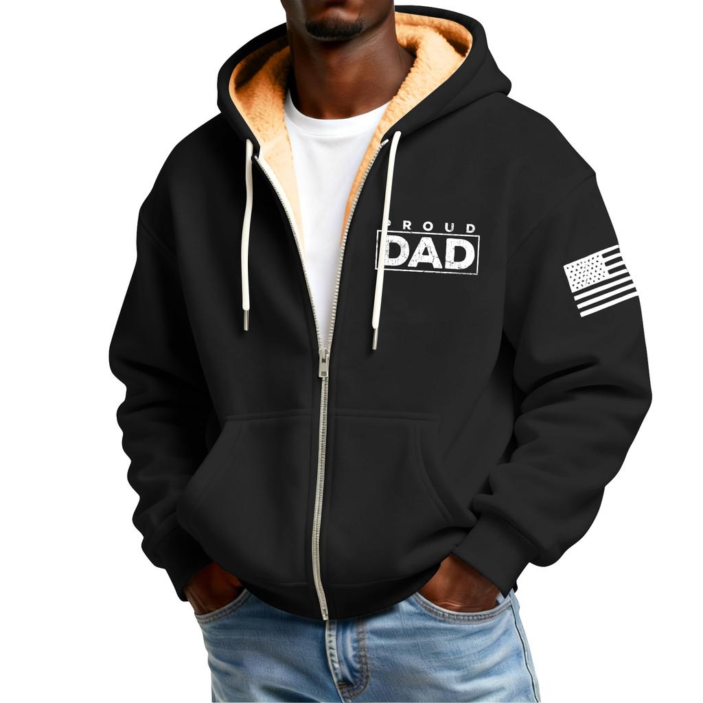 Men's Print Fleece-Lined Zip-Up Pocket Hooded Sweatshirt Cardigan Men's Casual Sweatshirt Cardigan