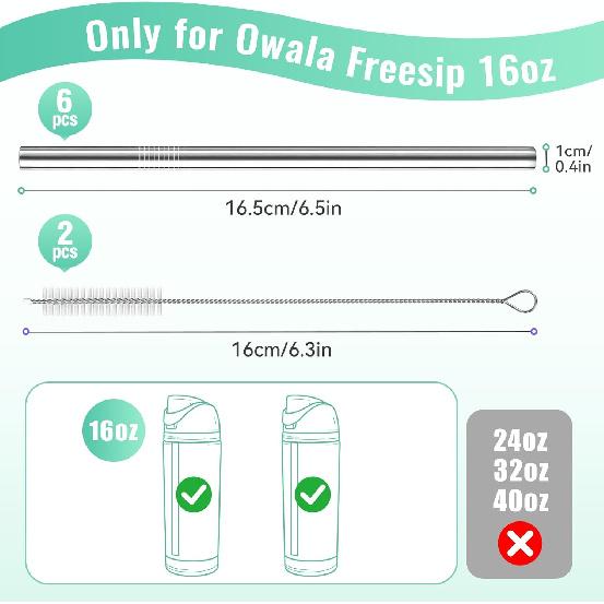 6 PCS Metal Straw Replacement for Owala Freesip 16oz Kids Water Bottle, Reble Stainless Steel Straws with 2 Cleaning Brushes, BPA-free Dishwasher