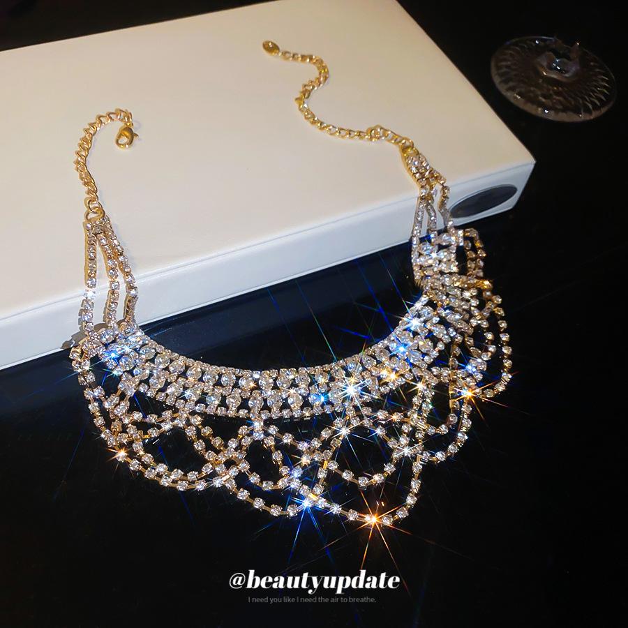Elegant Rhinestone Lace Tassel Necklace - Multi-Layer Clavicle Accessory for Women