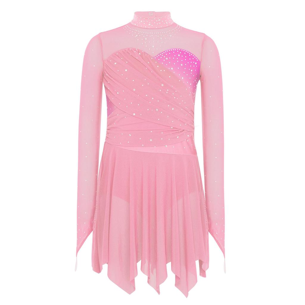 Girls Lyrical Dance Costume Mock Neck Long Sleeve Sparkly Rhinestones Mesh Dress