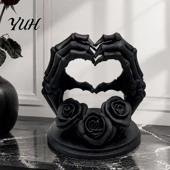 Spooky Tabletop Figurines 3D Printed Heart Shape Skeleton Hand Ornament, Gothic Rose Skull Statue Dark Home Aesthetic Accessories for Decor,