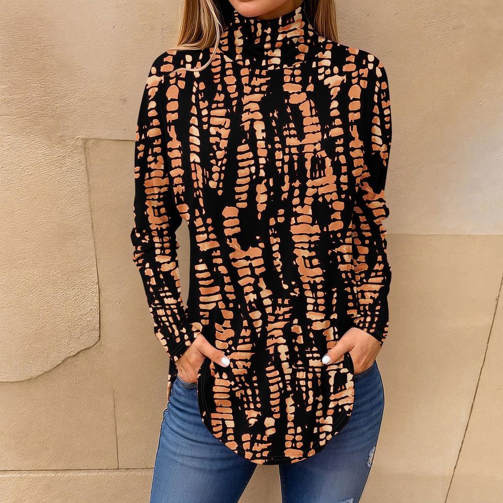 Tee Shirts For Women Fall Casual Long Sleeve Shirts Sweatshirt Vintage Printed High Neck Top Pullover