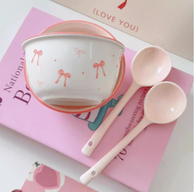 Affascinante Set di Ciotola e Piatto in Ceramica con Fiocco - Stoviglie Carine per Yogurt e Noodles Istantanei