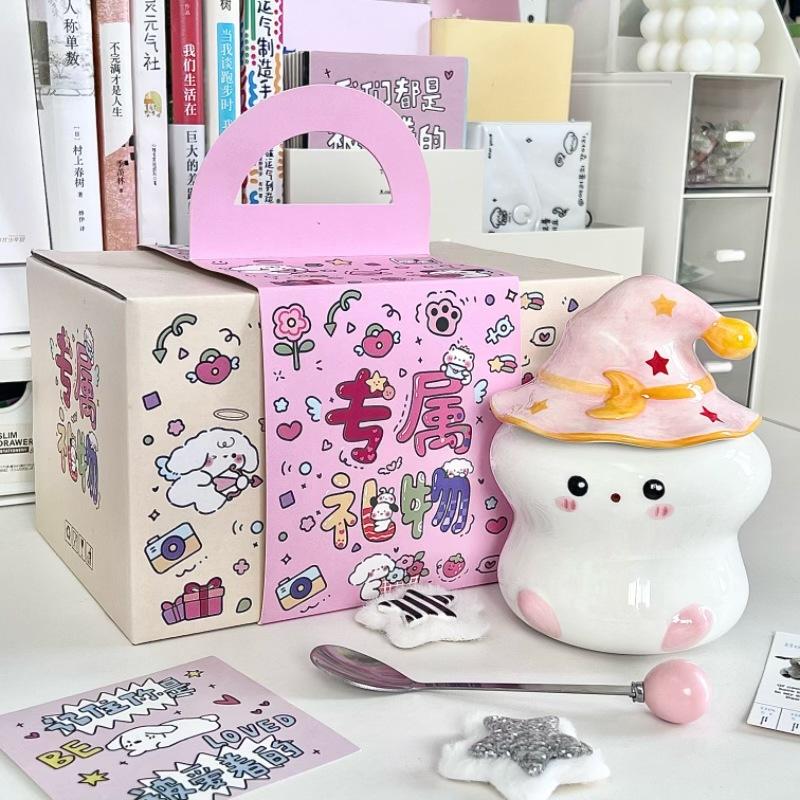 Cute ghost mug with lid spoon high value girl birthday gift office ceramic water cup souvenir