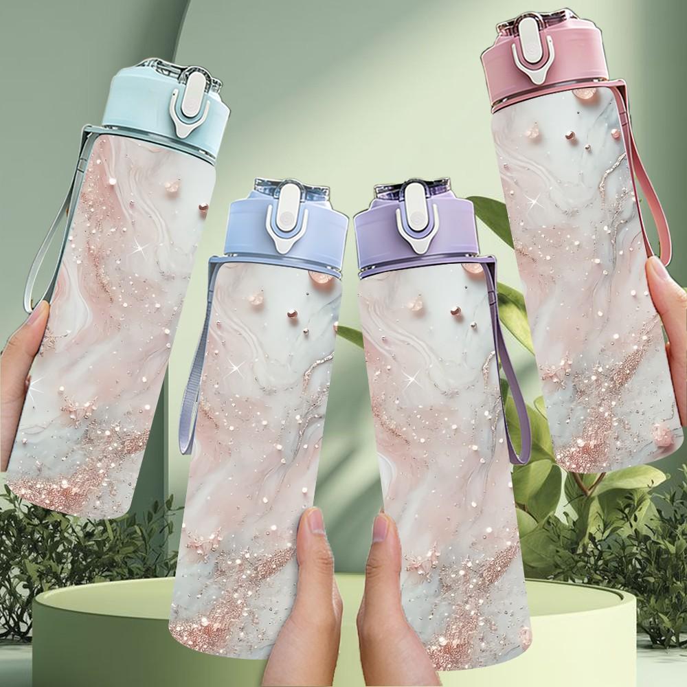 1PC Blush Pink Stone Marble Pattern 750ml Color Plastic Sports Water Bottle Leakproof Flip Straw Lid Suitable for Sports Office Home Use