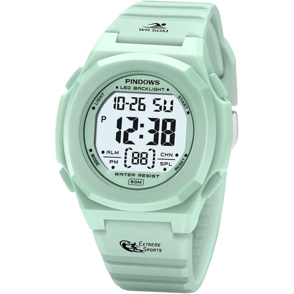 PINDOWS Women s Digital Sports Watch 50m Waterproof LED Backlight Calendar Alarm Stopwatch