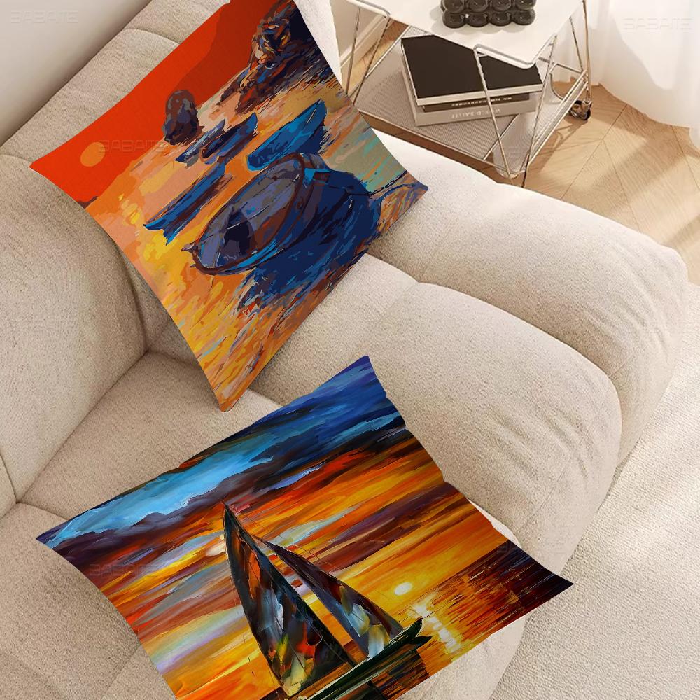 Boat Bay Beach Canvas Painting Pillow Gift Home Office Decoration Pillow Bedroom Sofa Car Cushion CoverPillow Case