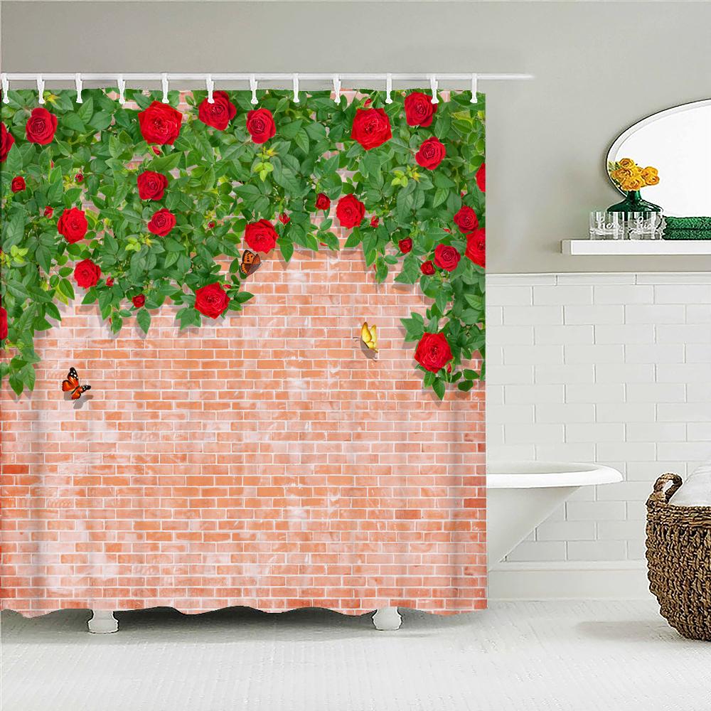 Vattentät Duschdraperi med Blommor Gräs Växt Stenmur för Badrum Badgardiner Extra Lång 180*200 CM 3d Duschdraperi