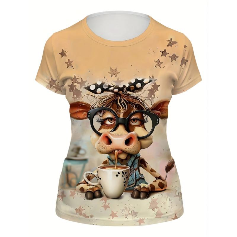 Women's Tee - Cute Coffee Cow & Star Graphic, Playful Cartoon Animal Design for Casual Daily Wear