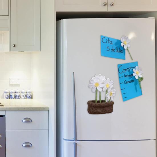 Crochet Potted Flower Fridge Magnet DIY Home Office Kitchen Locker Fridge Knitting Potted White Flower Magnetic Decoration Ornament