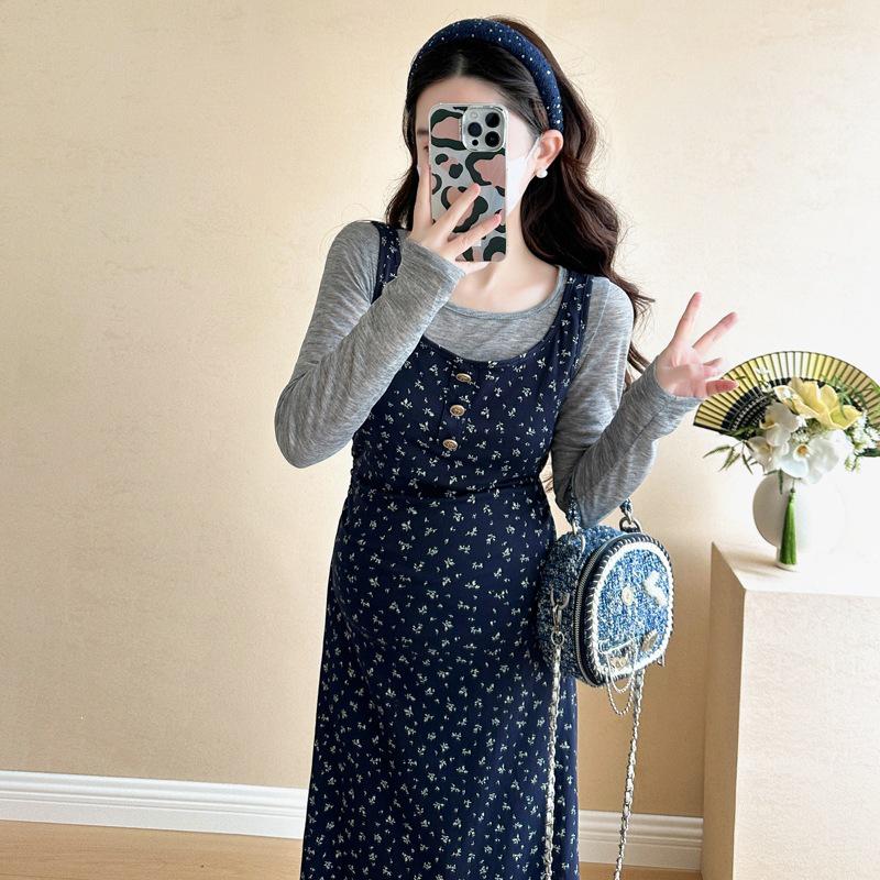 2025 Spring Maternity Korean Elegant Blue Floral Waist-Cinching Vest Dress Set XL
