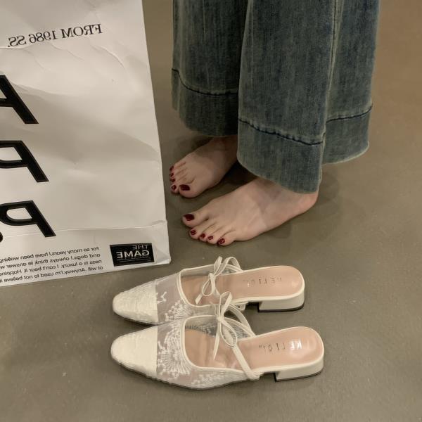 Fashion Mules For Women 2025 Butterfly-Knot Lace Shoes Pointed Toe Shallow Slippers Soft Slides Comfort Cover Heels Butterfly-knot Pumps