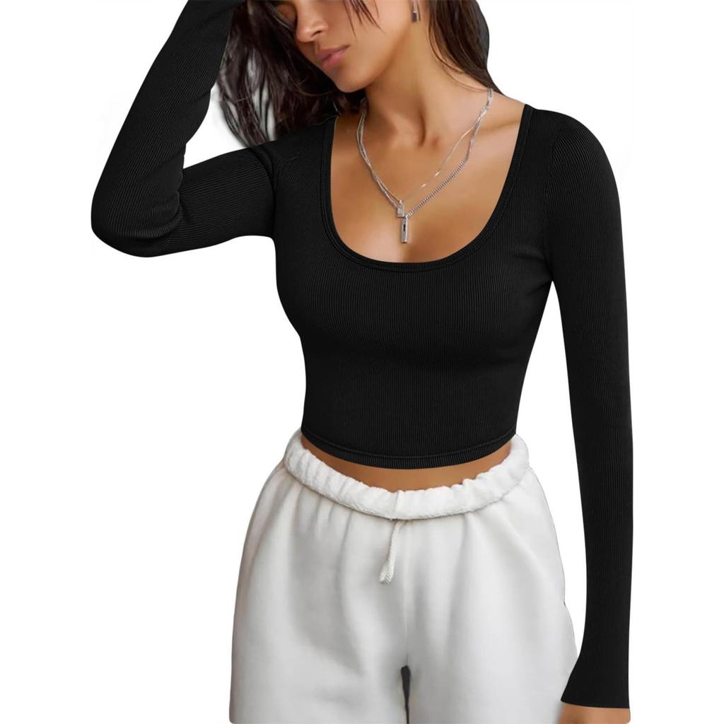Women's Fashionable Color Thread Slim Fit U-neck Long Sleeved Shirt With Sexy Short Fitting Inside