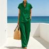 Yousheng Women Cotton Linen 2 Piece Sets Short Sleeve Button Up V Neck And Long Pants Summer Lounge Outfits with Pockets