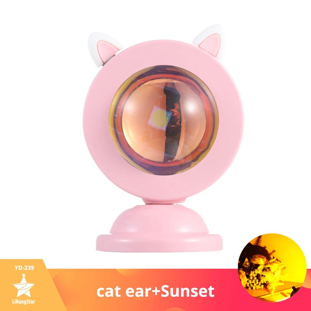 Tiktok Atmosphere Sunset Projection Lamp Rainbow Cat Ear Night Light Sunset Light Bedroom Room Background Wall Table Lamp