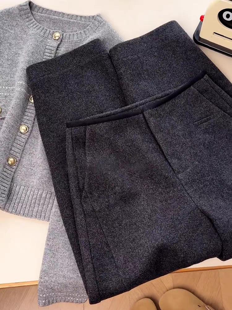 

Gray Wool Flannel Wide-Leg Pants for Women - Winter Casual Loose Fit M