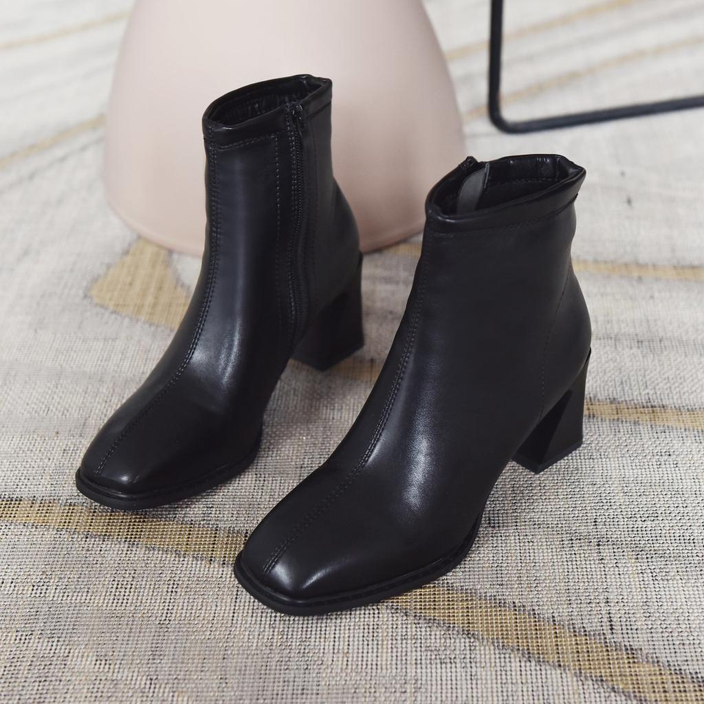 Winter Hingh Heel Boots PU Ankle Brown Black Boots Sqaure Heels Ladies Riding Suede Square Toe Leather Boots Women Botas Mujer