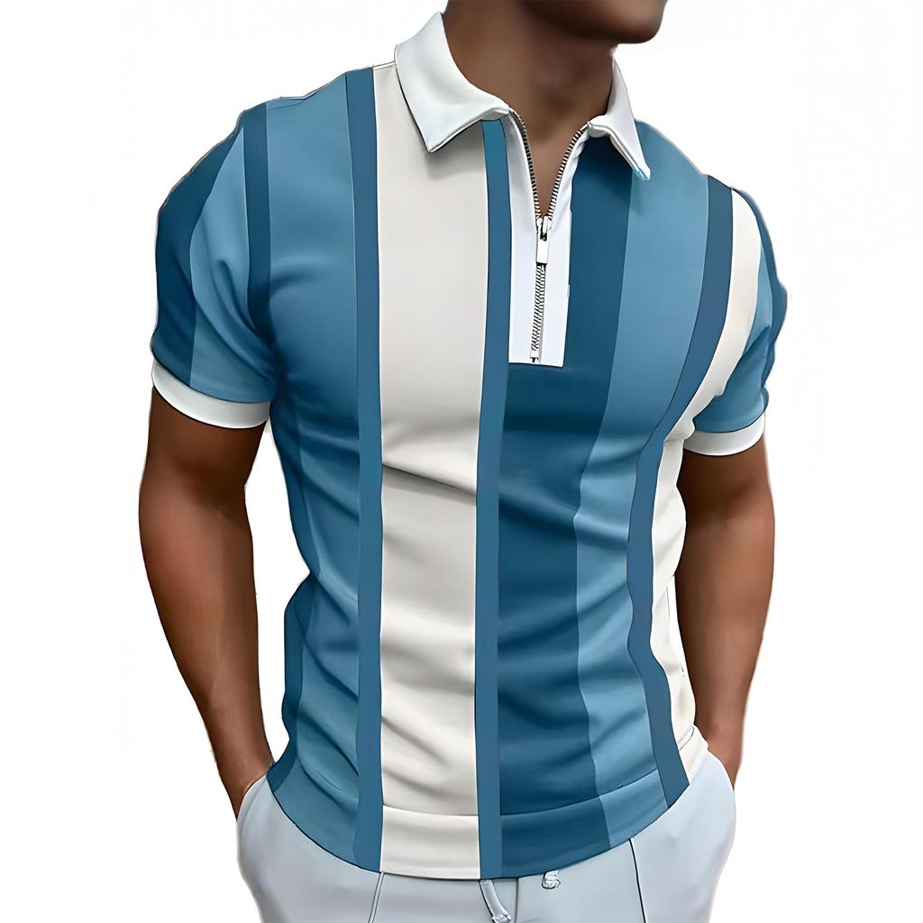 Men's Casual Striped Zipper-Collar Short-Sleeve Shirt