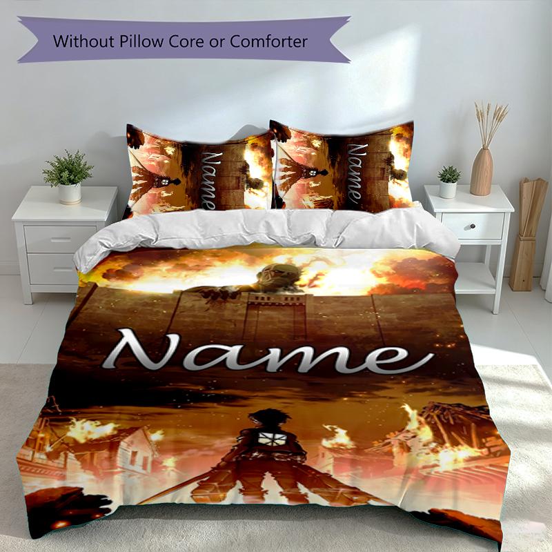 3pcs Custom Name Attack on Titan Set,Includes 1 Duvet Cover and 2 Pillowcases,All-season Bedroom Decor