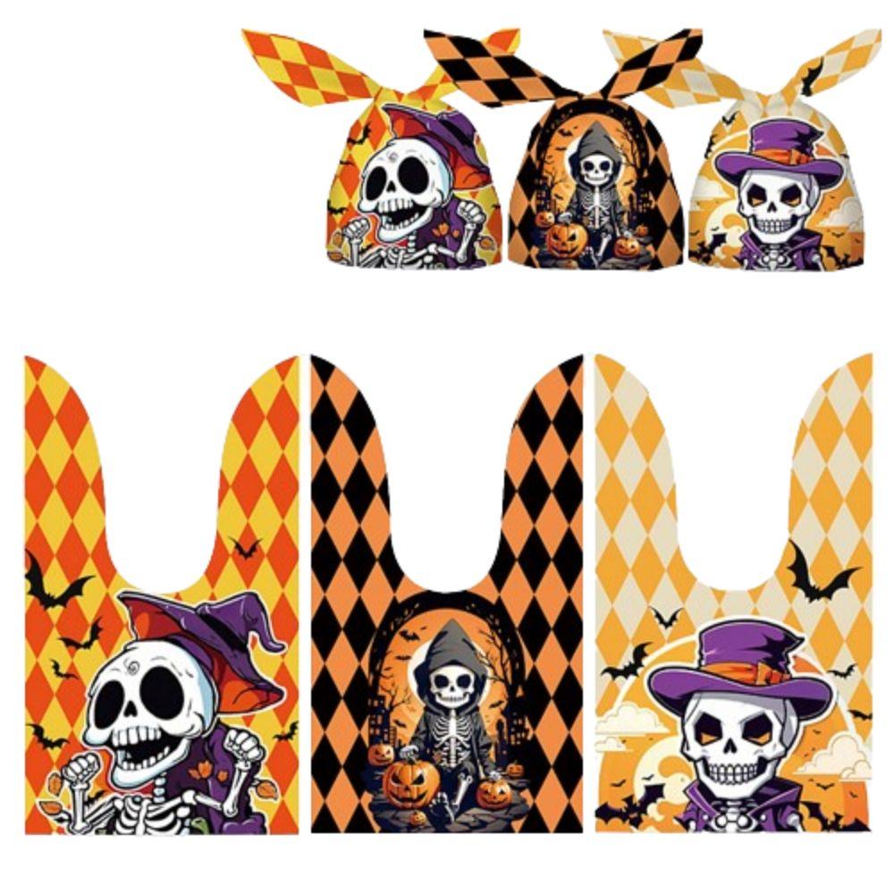 50pcs/bag Pumpkin Cat Ghost Printed Halloween Candy Bag Rabbit Ear Plastic Bag  Halloween Party