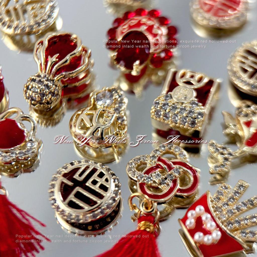 2026 New Year Zircon Nail Art: Festive Red Knot, Fu Character, Goldfish, Coin, and Rhinestone Decorations
