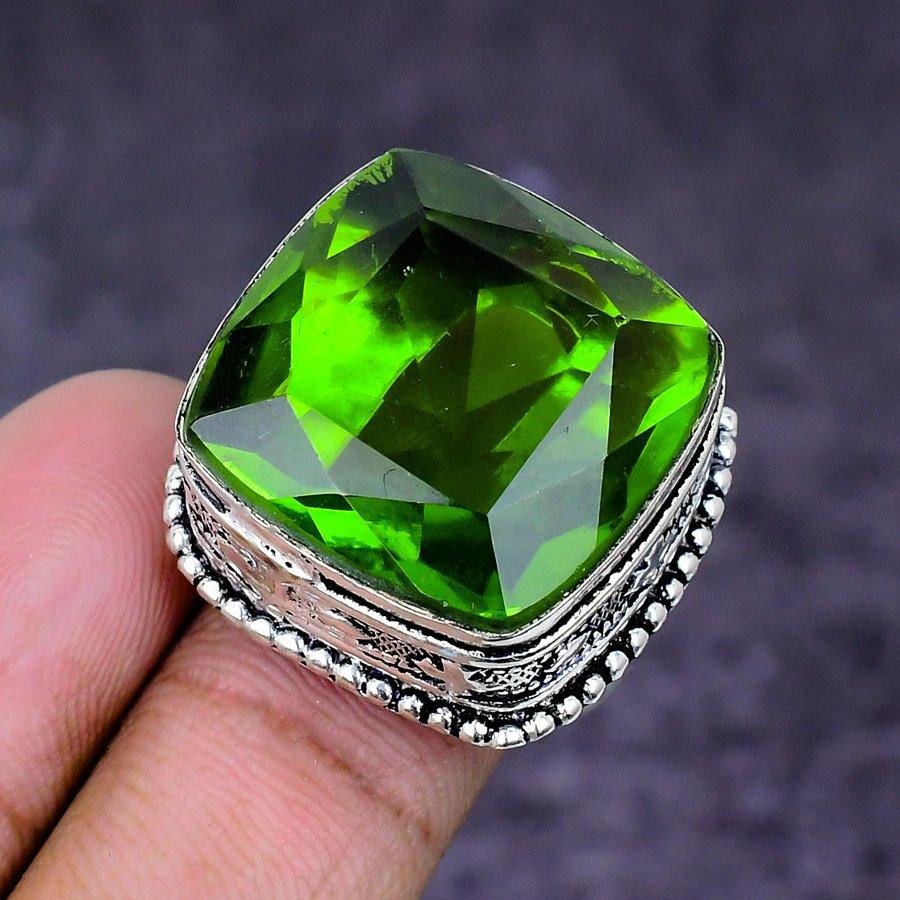 Natural Peridot Gemstone Handmade 925 Sterling Silver Jewelry Ring Size 7.5 ETC-14792