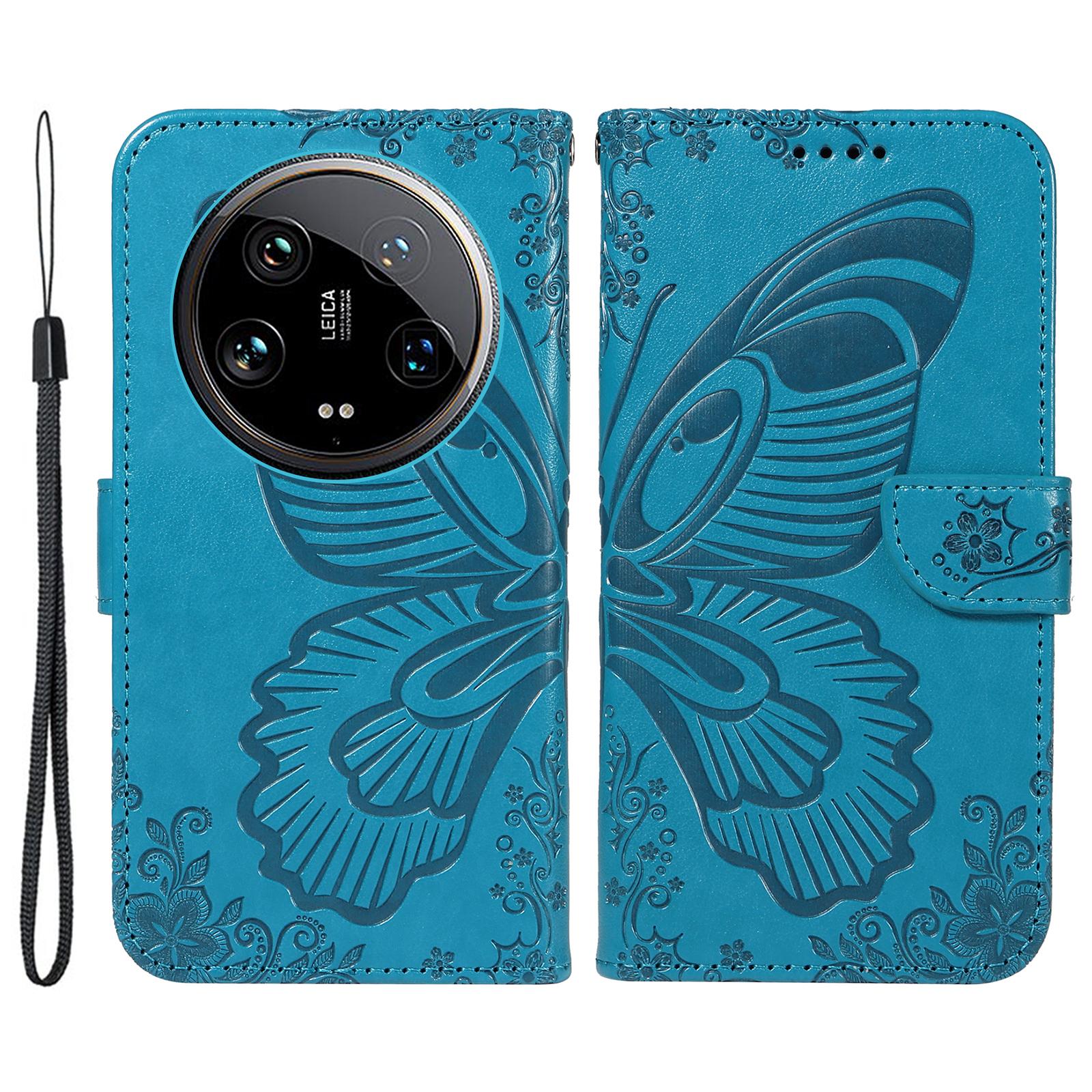 

For Xiaomi 14 Ultra Mobile Phone Case Butterfly Pattern PU Leather Stand Phone Cover Blue