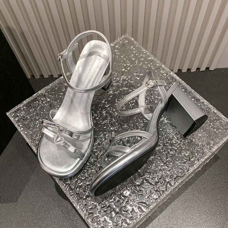French silver thick-heeled sandals women's spring and summer 2025 new outer wear bow open-toed love rhinestone sandals