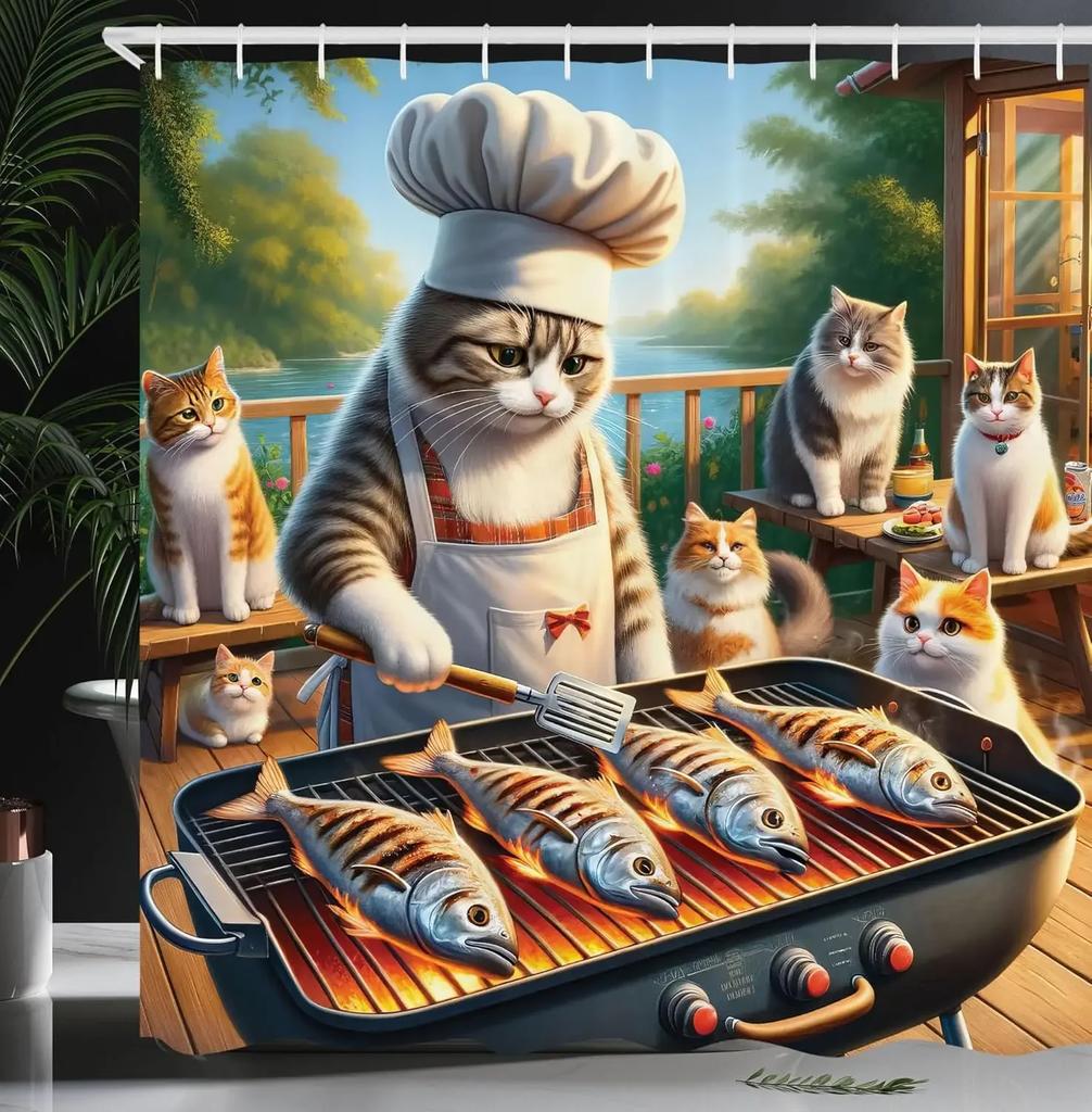 Vintage effect funny whimsical humor cat shower curtain fabric bathroom decoration shower curtain with hook, 180x180cm