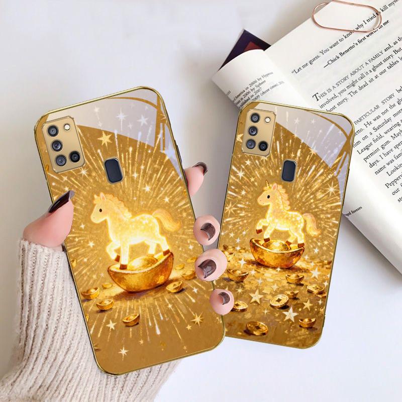 The shining golden pony For Samsung A 31 32 A33 A34 35 14 A15 13 A16 25 26 50 52 53 54 55 56 70 71 72 73 Golden glass phone case