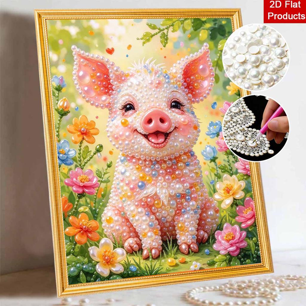 Cute Piglet Floral Pearl Painting Kit with Frame Sparkling Bead Canvas Creative Leisure Craft for Wall Decor Gift DIY Art Project
