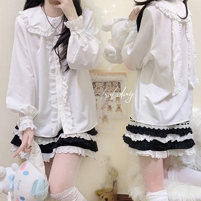 Kawaii Shirts Harajuku Women's Blouses Japanese Lolita Style Bunny Ears Lace Sweet Soft Girl  White Loose Long Sleeve Tops