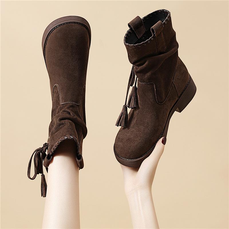Casual style autumn new tassel braided belt thick heel stack medium boots short boots Boken shoes increase height