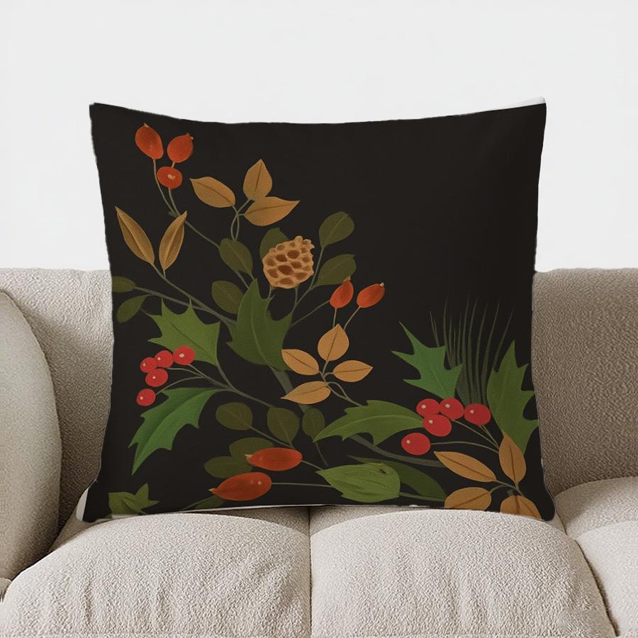Home Decor Floral Holly Berries Design Throw Pillow Pattern Cushion Cover Suitable For Sofa Bedroom Car Pillow Cover