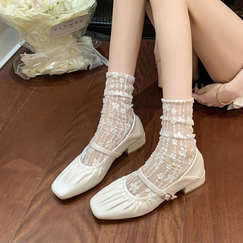 Scarpe da Donna 2025 Nuove Slip-on Tacco Alto da Donna Autunno Dolci Mary Jane Tacco Basso Scarpe Pieghettate con Perle Signora Zapatos