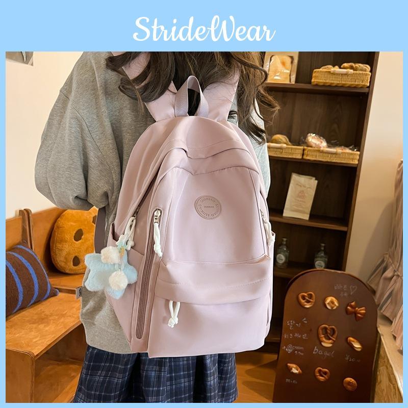 Simple Solid Color Student Lightweight Backpack With Plush Pendant For School