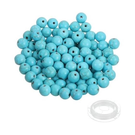PATIKIL 100 Pieces Beads 8mm Natural Stone Round Blue Turquoise Beads Natural Stone with Crystal Elastic Cord Gemstone Beads Lucky Bracelet Necklace
